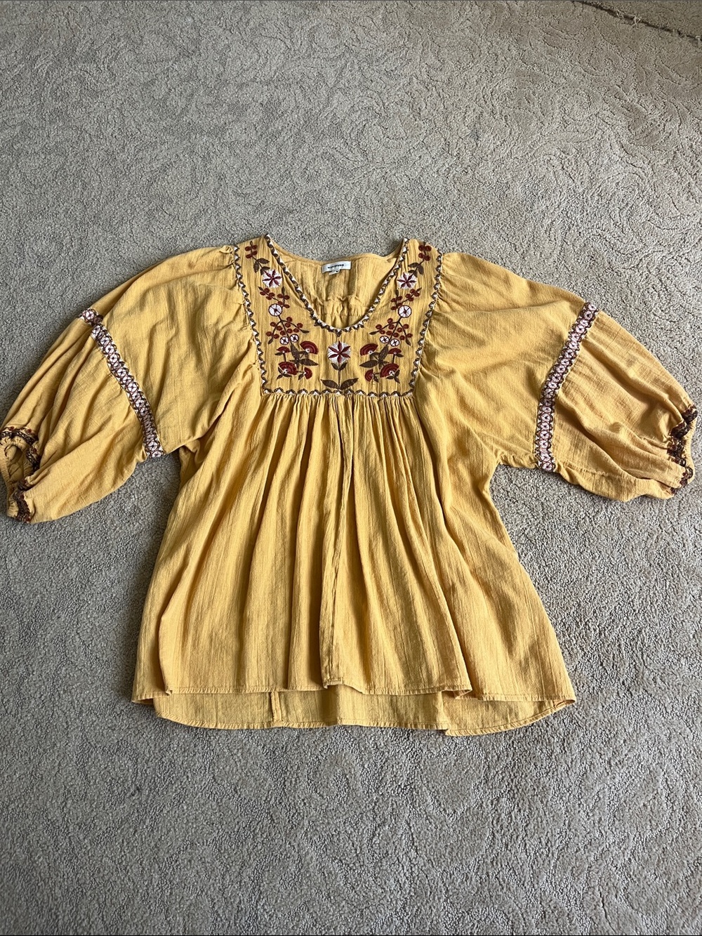 Boho Mustard Embroidered Peasant Top - Brand: Max Studio